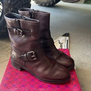 Tory Burch Burgundy Leather Mid-Calf Buckle Booties